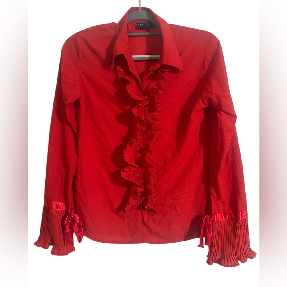 Blue Plate Women's Red Button Down Ruffled Shirt Bell Sleeves